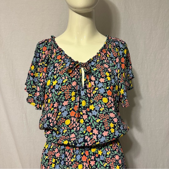 Talbots Midi Dress Flutter Sleeve Floral Coastal Cottage V Neck Tie Size 12 - Picture 9 of 16